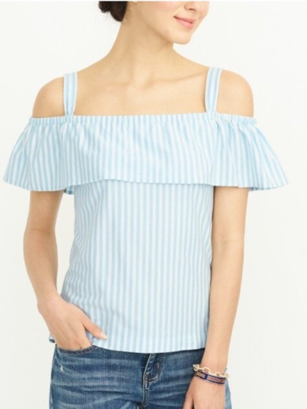 J. Crew Striped Off The Shoulder Tank Top Blue White Size Small NWT